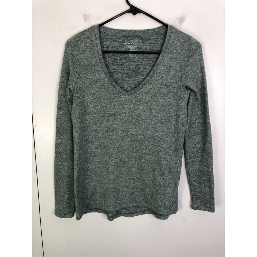 American Eagle Top Womens S Soft Sexy Plush Long Sleeve Green Cozy V Neck - Picture 1 of 6